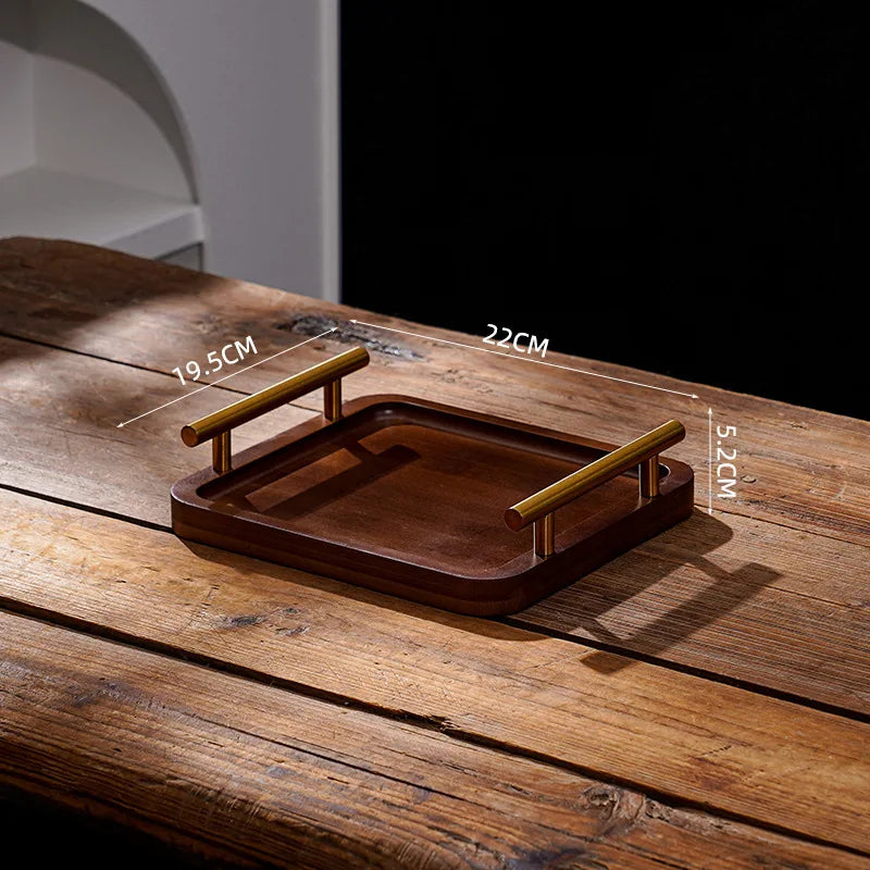 Wooden Tray with Golden Metal Handle for Water Cup Fruit Food Bread Sundries Serving Tray Household Organizer